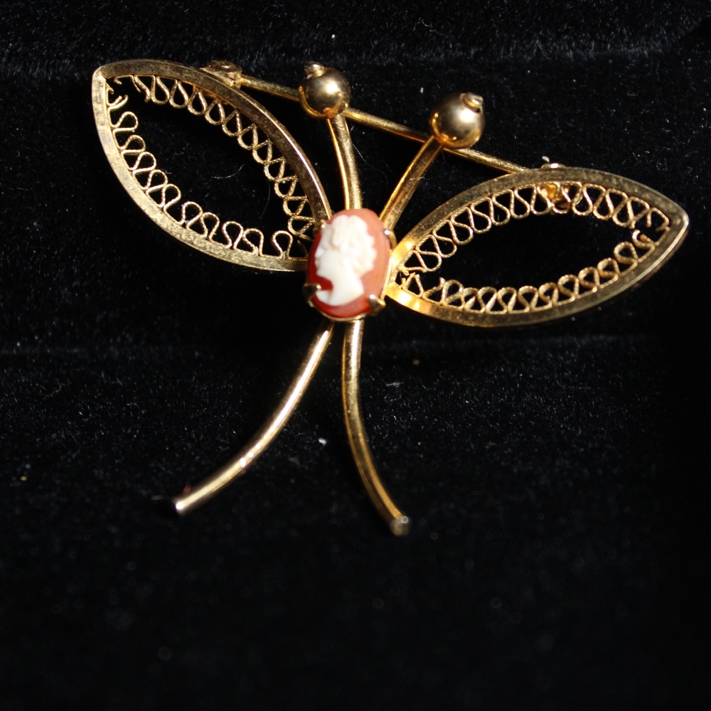 Butterfly brooch with small cameo in the middle
